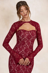 Mirellia | Dark Red Lace Sweetheart-Neck Maxi Dress
