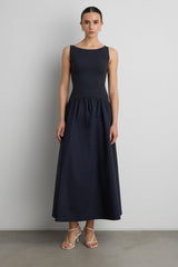 BOAT NECK GATHERED WAIST MIDI DRESS