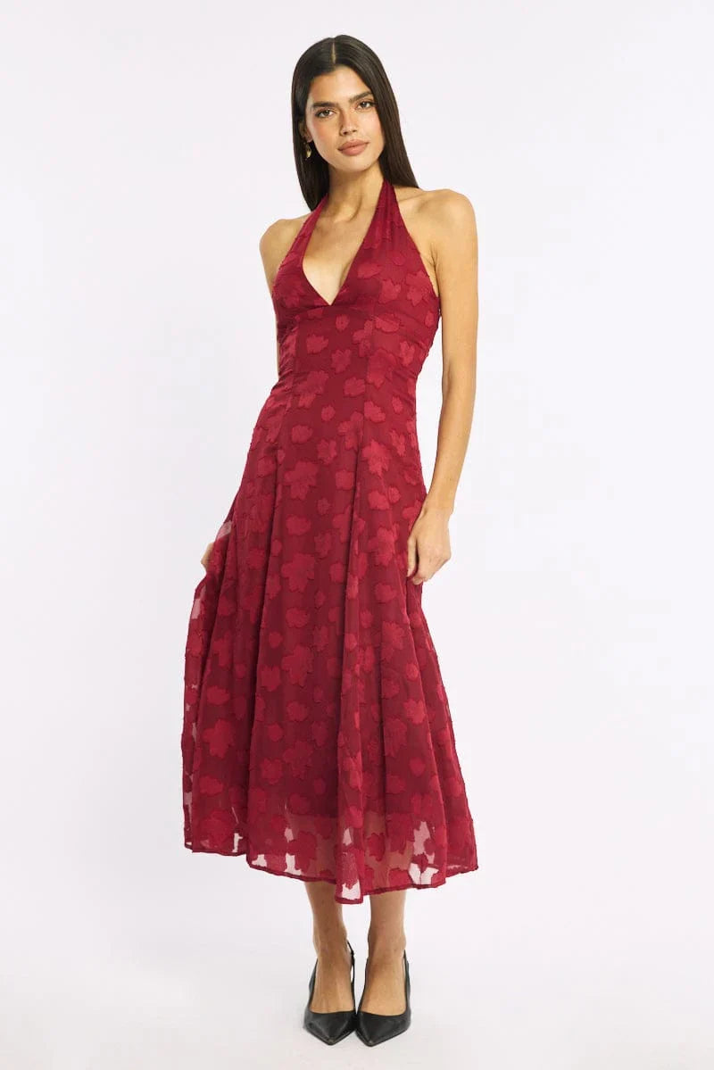 Red Halter Neck Midi Dress