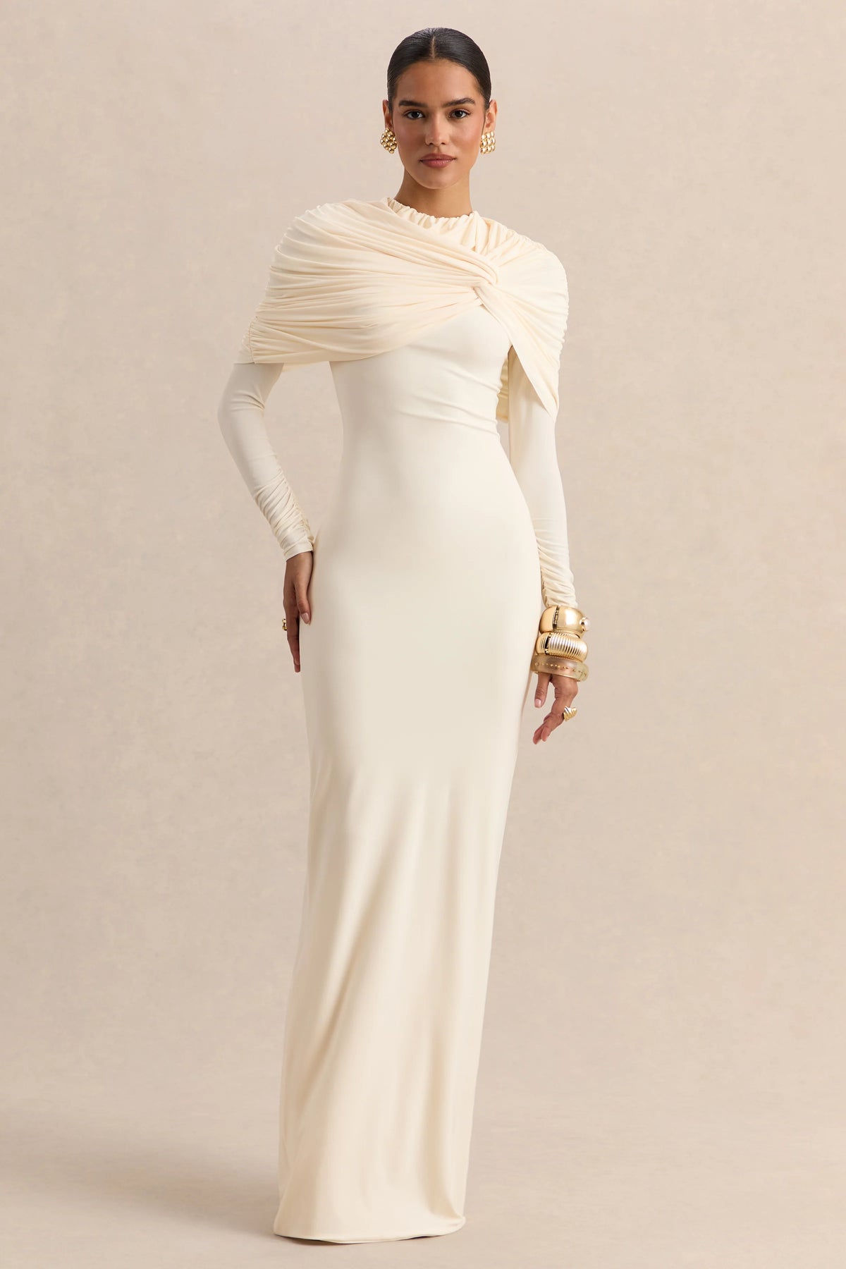 Evessa | Cream Crew-Neck Maxi Dress With Gathered-Detailing