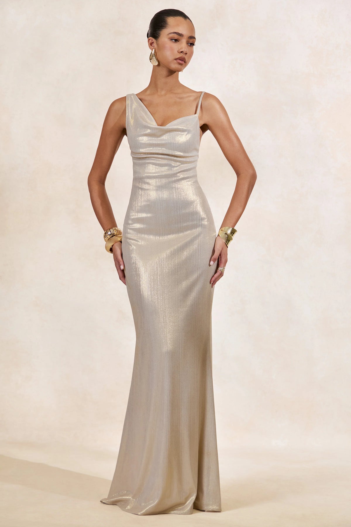 Galaxy Shimmer | Champagne Bias Cut Cowl Front Maxi Dress
