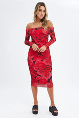 Red Floral Midi Dress Bardot Off Shoulder Bodycon Ruched