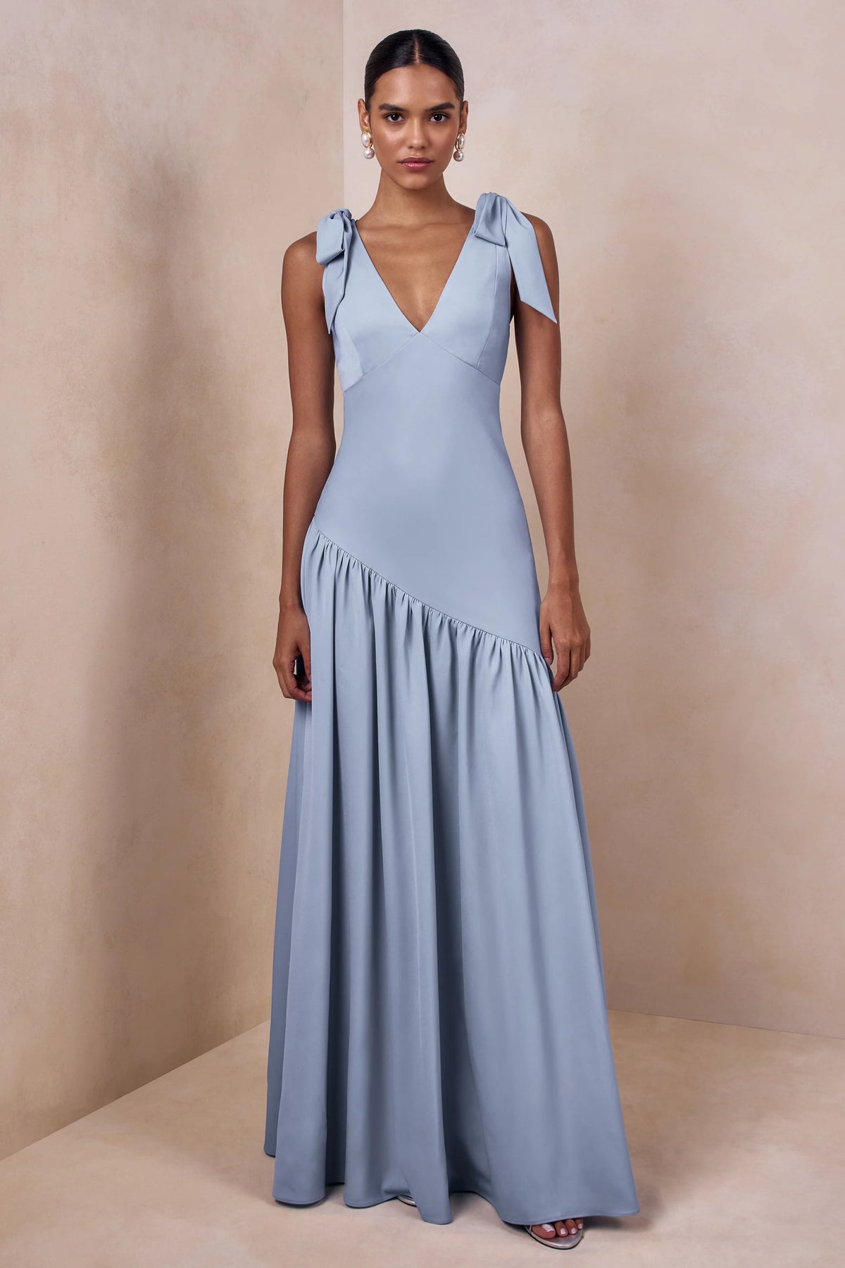 Cala | Powder Blue Matte Satin Plunge-Neck Maxi Dress With Bow-Sleeves