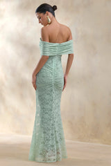 Elinor | Sage Lace Bardot-Neck Maxi Dress With Gathered-Detailing