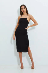 BLACK Designer Linen Look Racer Neck Midi Dress