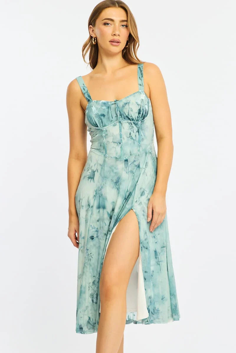 Blue Floral Midi Dress Gathered Bust