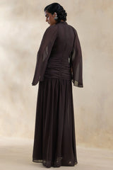 Narella | Brown Chiffon High-Neck Maxi Dress With Draped-Detailing