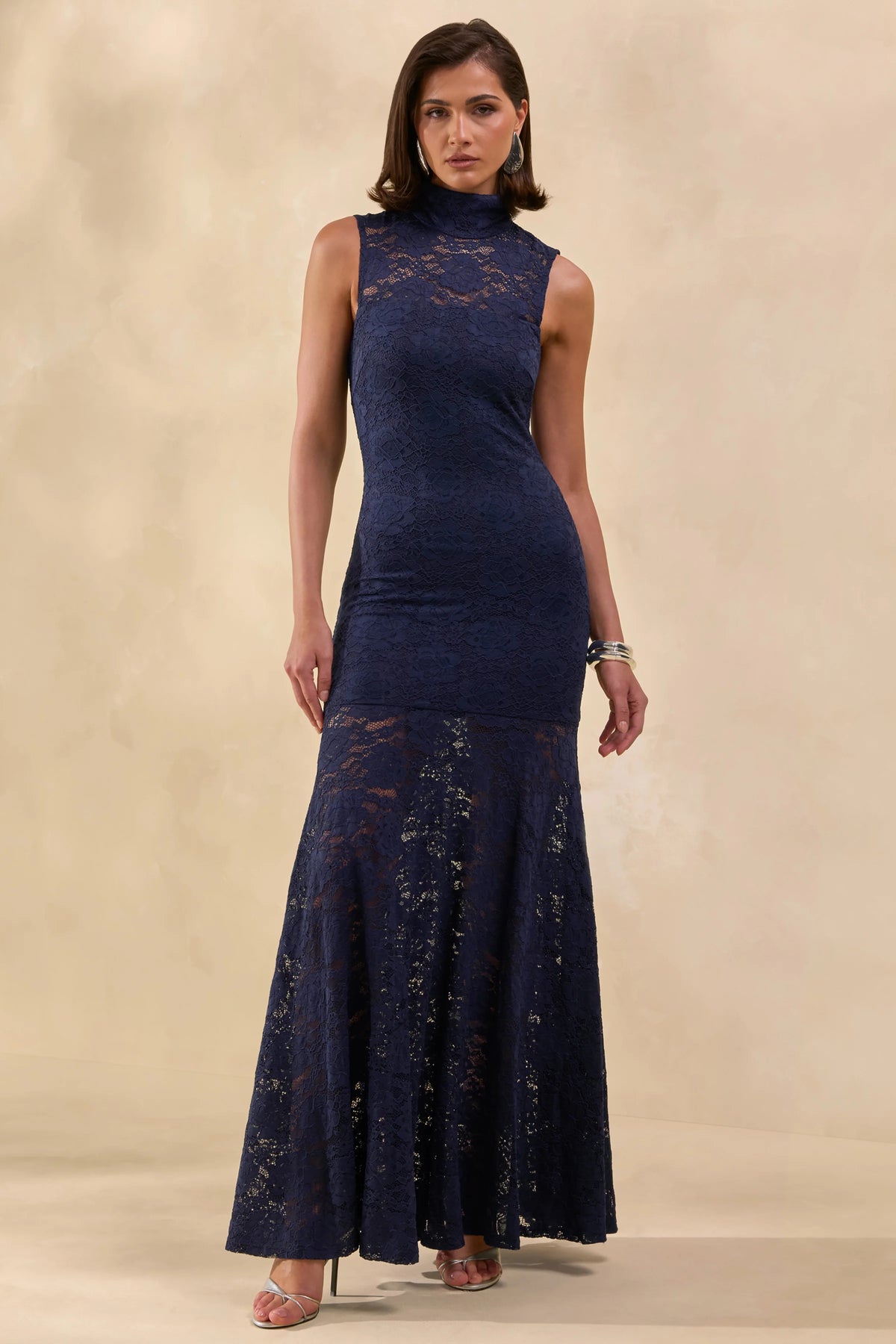 Esalyn | Navy Lace High-Neck Maxi Dress With Sheer-Skirt