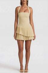 Asymmetric Layered Halterneck Mini Dress in Pastel Yellow