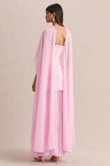 Chessa | Light Pink Boat-Neck Maxi Dress With Sheer Cape