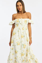 Yellow Floral Maxi Dress Puff Sleeve
