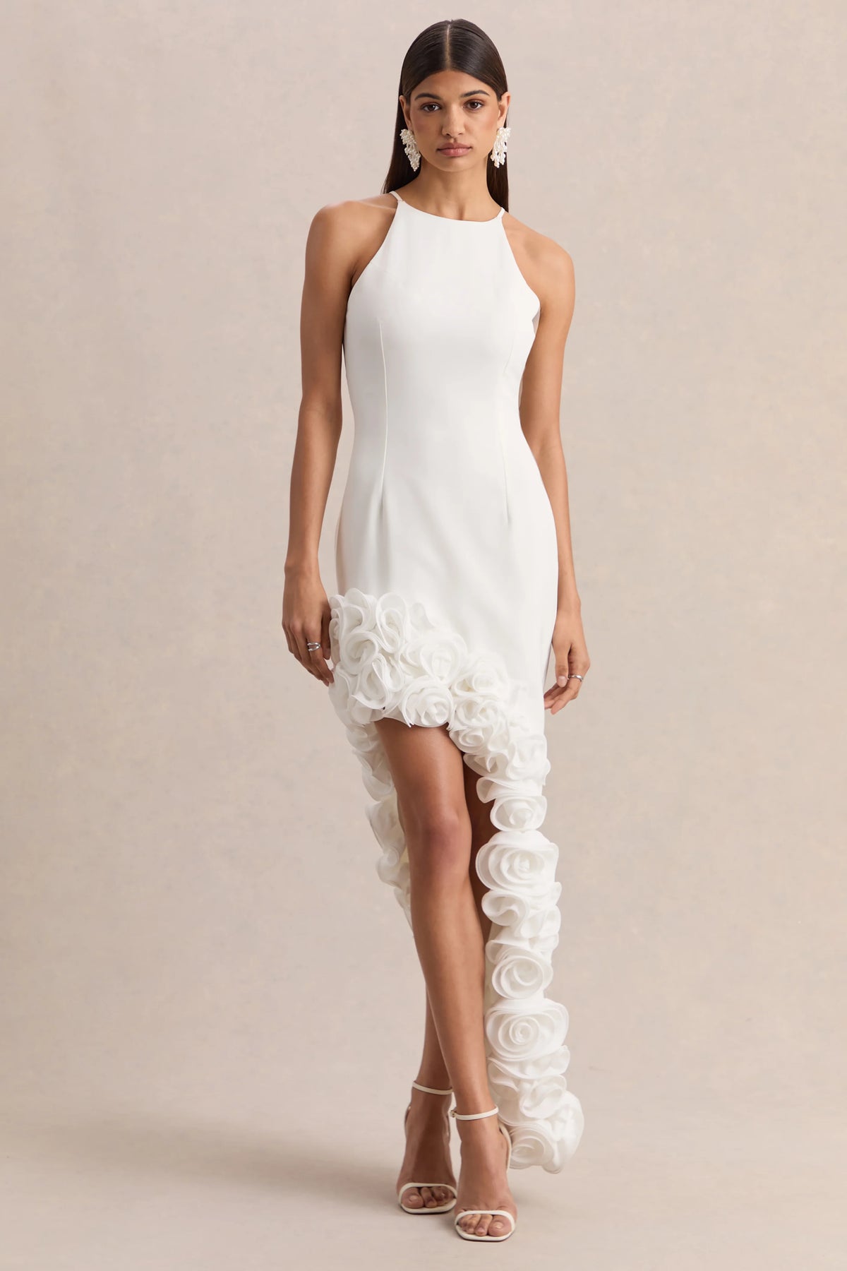 Indira | White Halter-Neck Maxi Dress With Asymmetric-Floral Hem