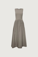 BOAT NECK GATHERED WAIST MIDI DRESS