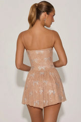 Embellished Strappy Skater Mini Dress in Almond