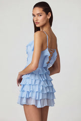 Ruffled Lace-Up A-Line Mini Dress in Powder Blue