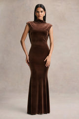Malora | Brown Velvet High-Neck Maxi Dress With Open-Back