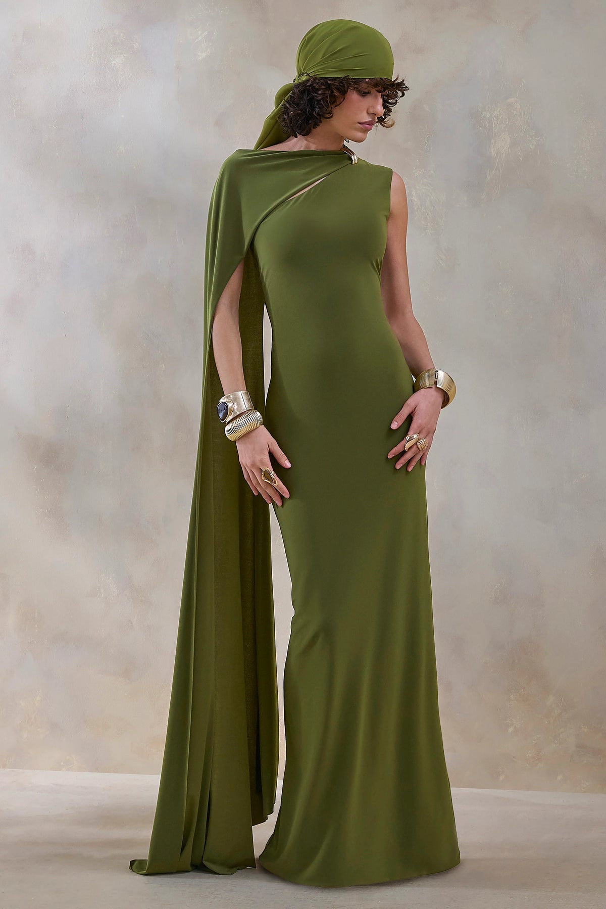 Isdelia | Green Asymmetric-Neck Maxi Dress With Cape-Sleeve