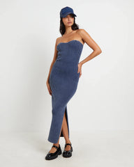Kiah Acid Rib Knit Bandeau Midi Dress in Blue