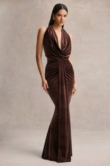 Lavernia | Brown Velvet Halter-Neck Maxi Dress With Gathered-Detailing