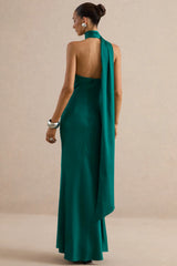 Jorina | Green Satin Asymmetric-Neck Maxi Dress With Scarf Detail
