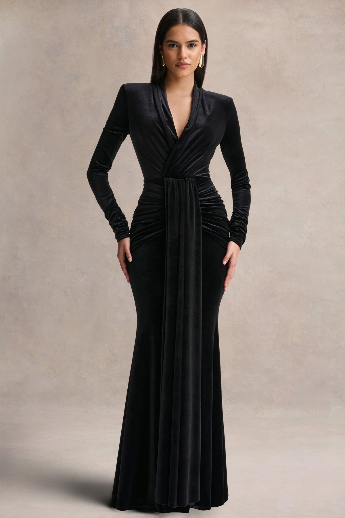 Halima | Black Velvet Plunge-Neck Maxi Dress With Gathered Detailing