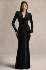 Halima | Black Velvet Plunge-Neck Maxi Dress With Gathered Detailing