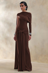 Trisara | Brown Asymmetric-Neck Maxi Dress With Gathered-Detailing And Sash