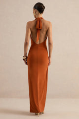 Azari | Rust Halter-Neck Wrap Maxi Dress With Gold Detail