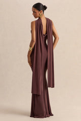 Armelia | Brown Cowl-Neck Maxi Dress With Scarf-Detail