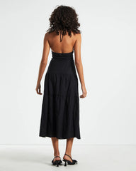 Niah Tiered Tie Up Midi Dress in Black