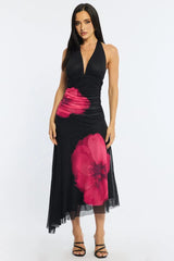 Red Floral Halter Neck Midi Dress