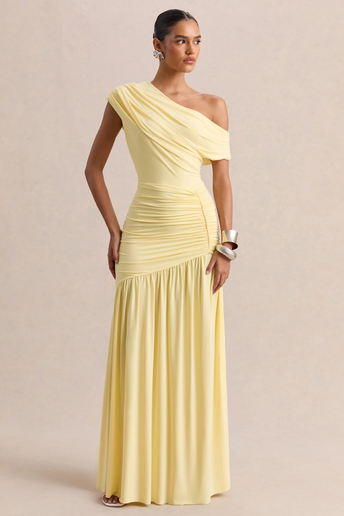 Kady | Lemon Asymmetric-Neck Maxi Dress With Ruched Detailing