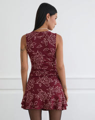 Lanai Mini Dress in Outline Rose Maroon