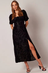 Black Midi Dress Short Sleeve Side Split