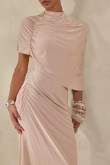 Lunaline | Champagne High-Neck Maxi Dress With Asymmetric Cape And Draped-Detailing