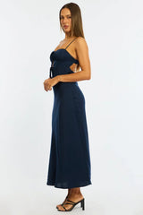 Blue Midi Dress Ribbon Detail Satin