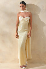 Stephanie | Lemon Sequin Bandeau Maxi Dress With Scarf