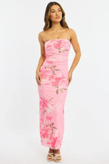 Pink Floral Strapless Maxi Dress