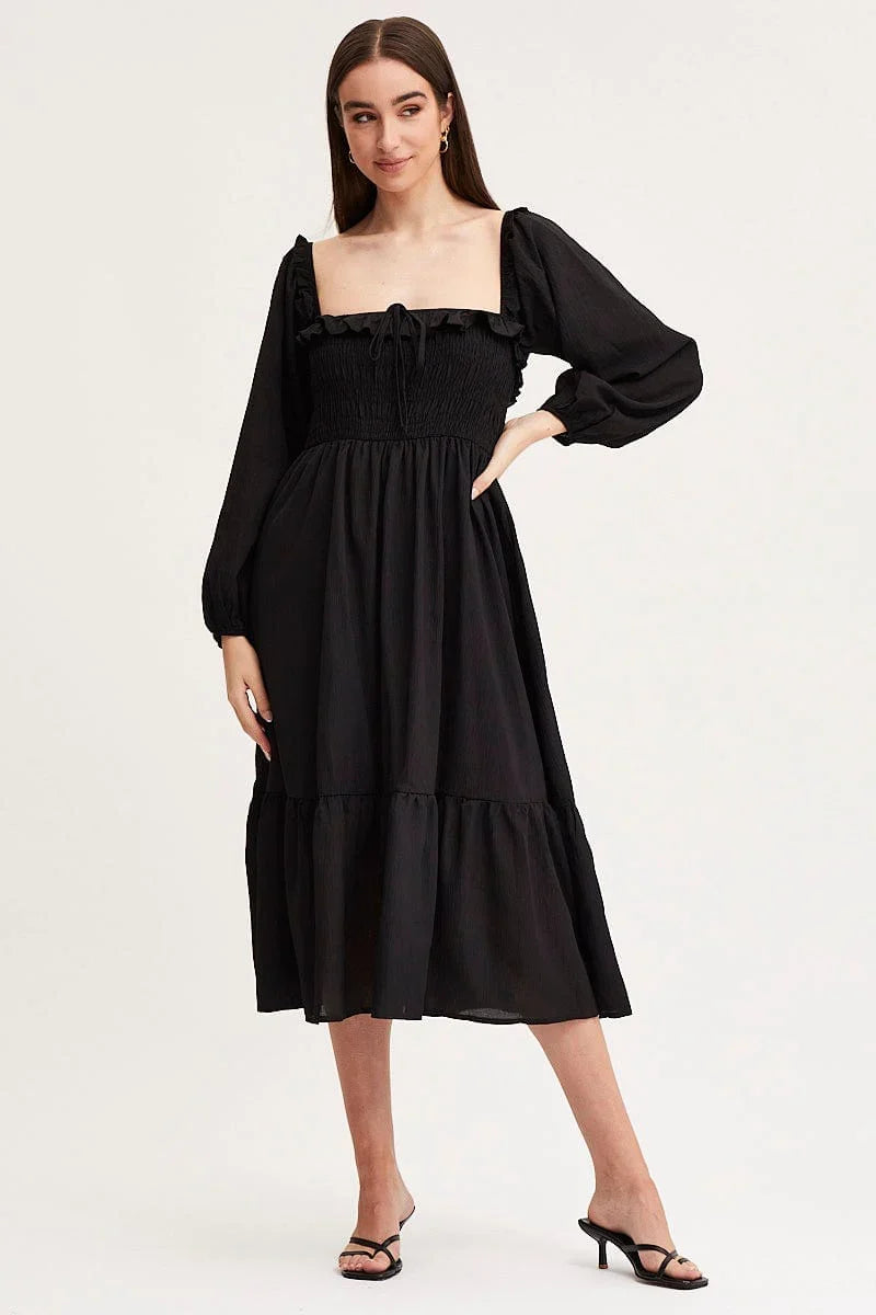 Black Maxi Dress Long Sleeve Square Neck