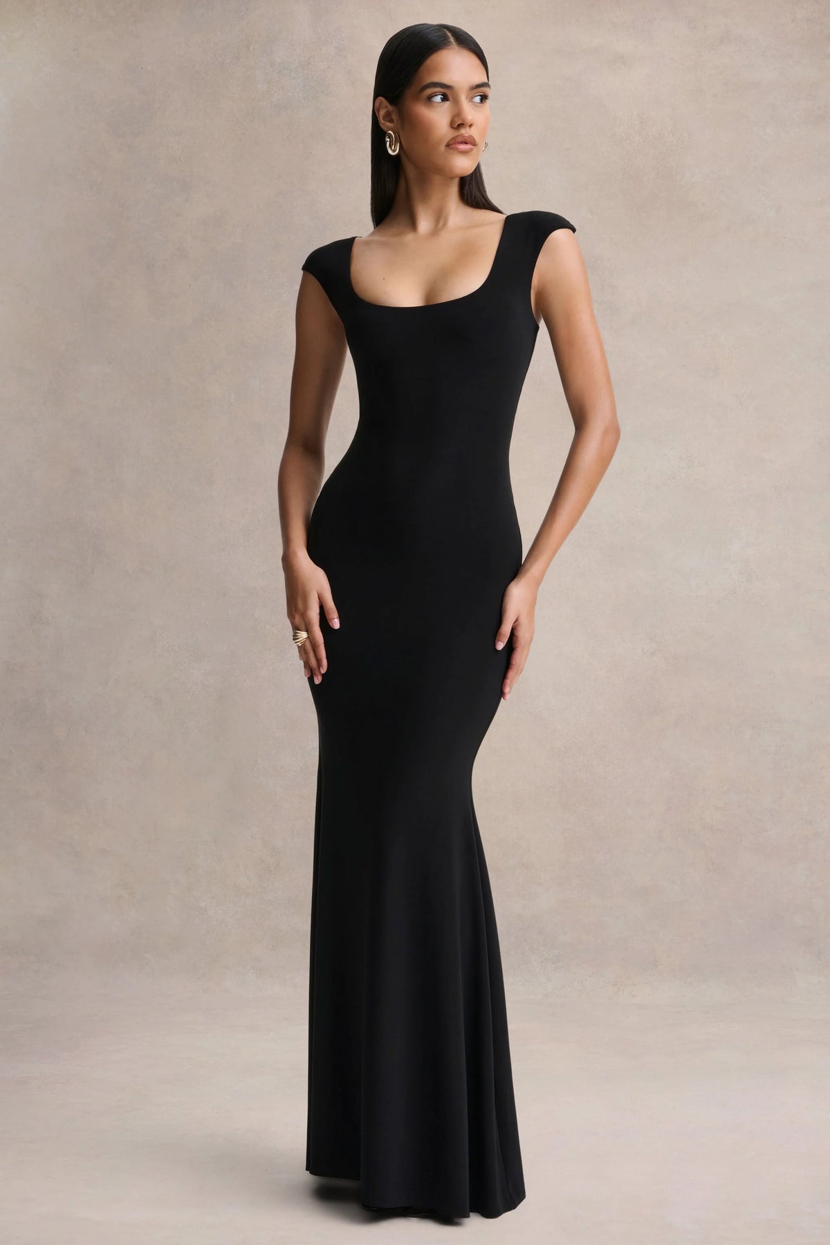 Piper | Black Square-Neck Maxi Dress With Cap-Sleeves