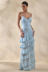 Avelisse | Blue Lace Plunge-Neck Maxi Dress With Ruffled Detailing