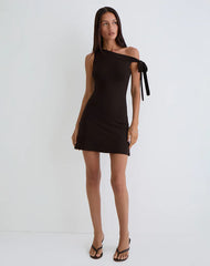Xeenia One Shoulder Mini Dress in Chocolate Brown