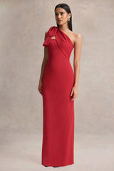 Adara | Red Asymmetric-Neck Maxi Dress With Bow-Detail