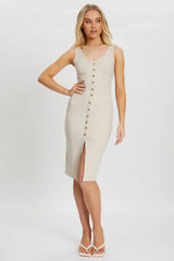 Beige Designer Button Front Jersey Ribbed Midi Dress