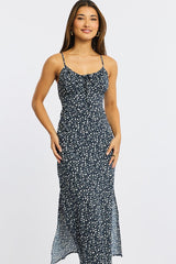 Blue Ditsy Midi Dress Gathering Bust Sleeveless