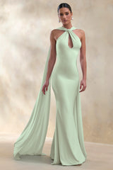 Rhoda | Mint Twist Halter-Neck Cape Maxi Dress