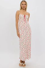 Red Ditsy Maxi Dress Lace Satin Tape