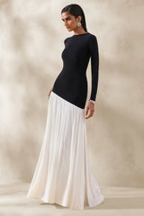 Jasira | Black & White Slashed-Neck Maxi Dress With Asymmetric Drop-Waist
