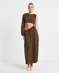 Isobel One Shoulder Cut Out Midi Dress in Chocolate
