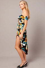 Black Floral Bardot Midi Dress Draped Off Shoulder Dress
